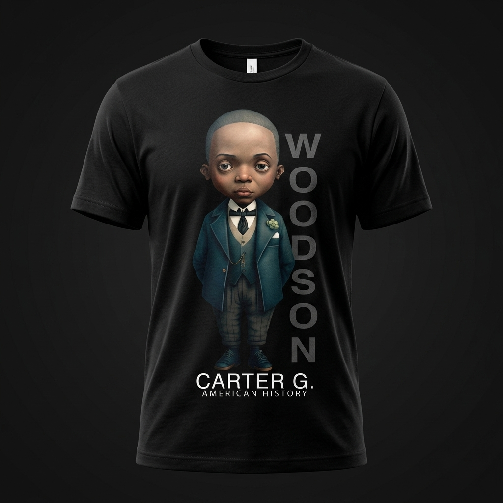 Carter G. Woodson Black History Graphic Tee mockup on black shirt