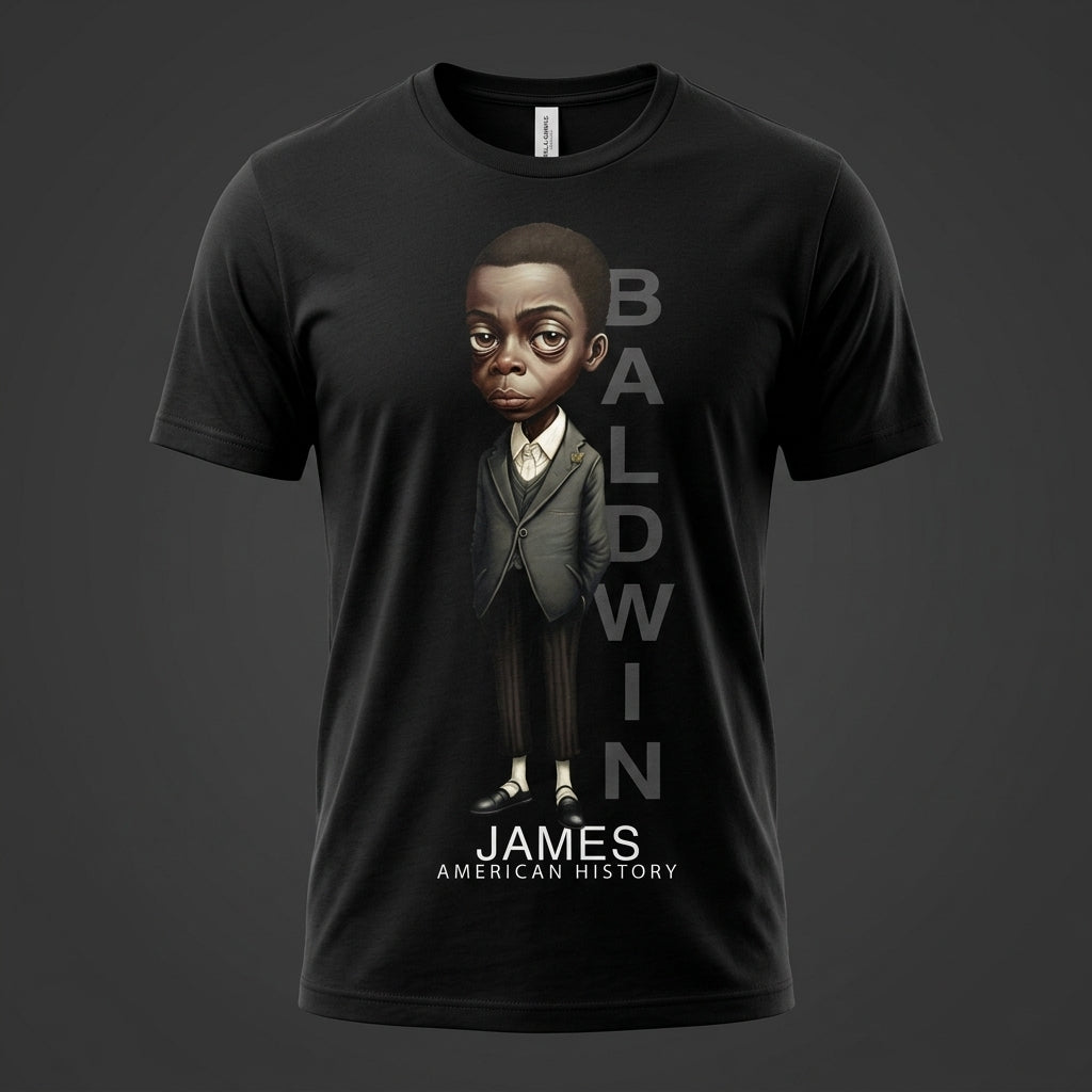 James Baldwin Black History Graphic Tee mockup on black shirt