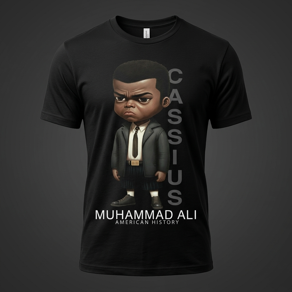 Muhammad Ali Black History Graphic Tee mockup on black shirt