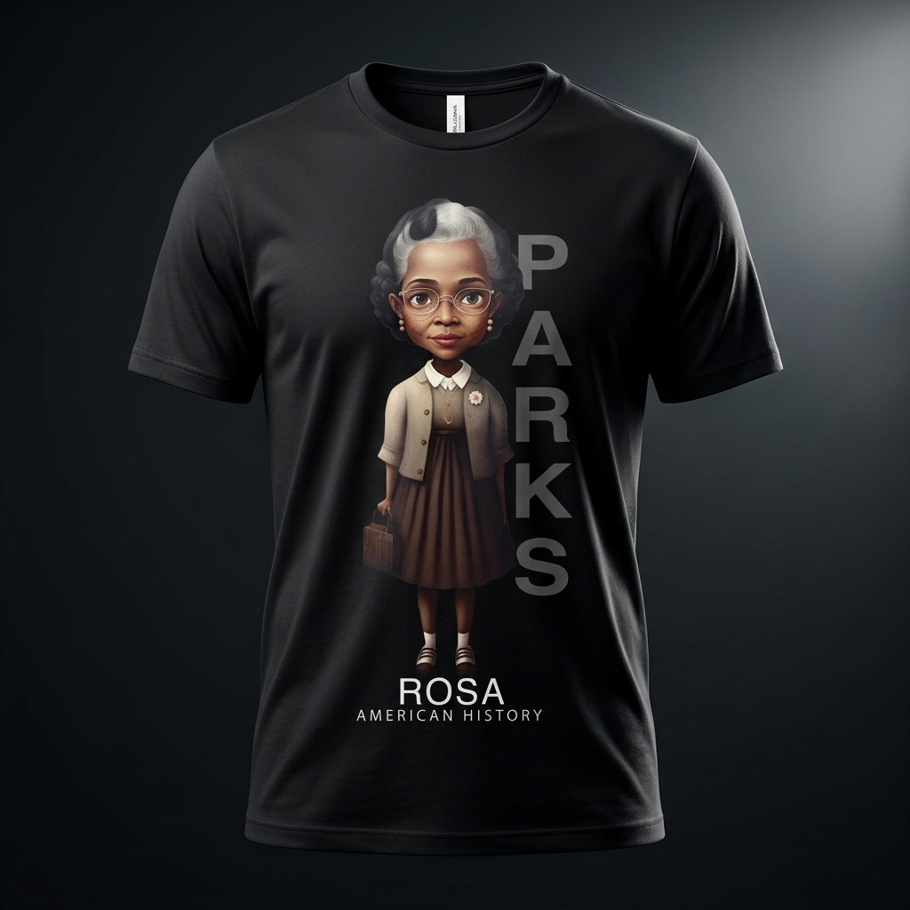 Rosa Parks Black History Graphic Tee mockup on black shirt