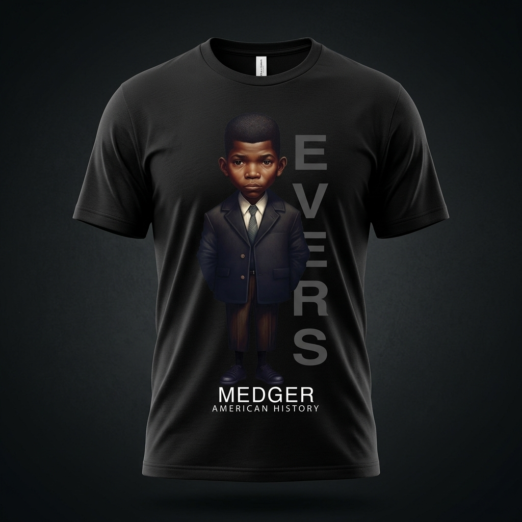Medgar Evers Black History Graphic Tee mockup on black shirt