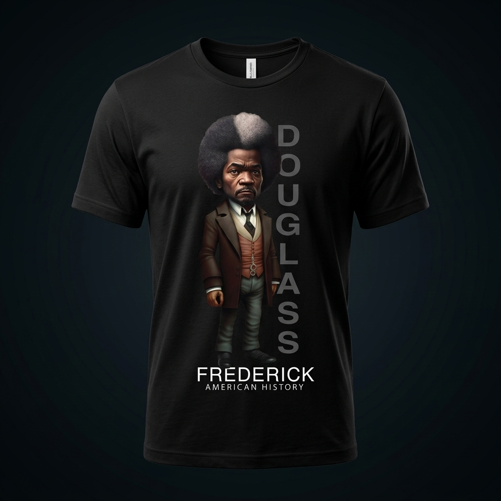 Frederick Douglass Black History Graphic Tee mockup on black shirt