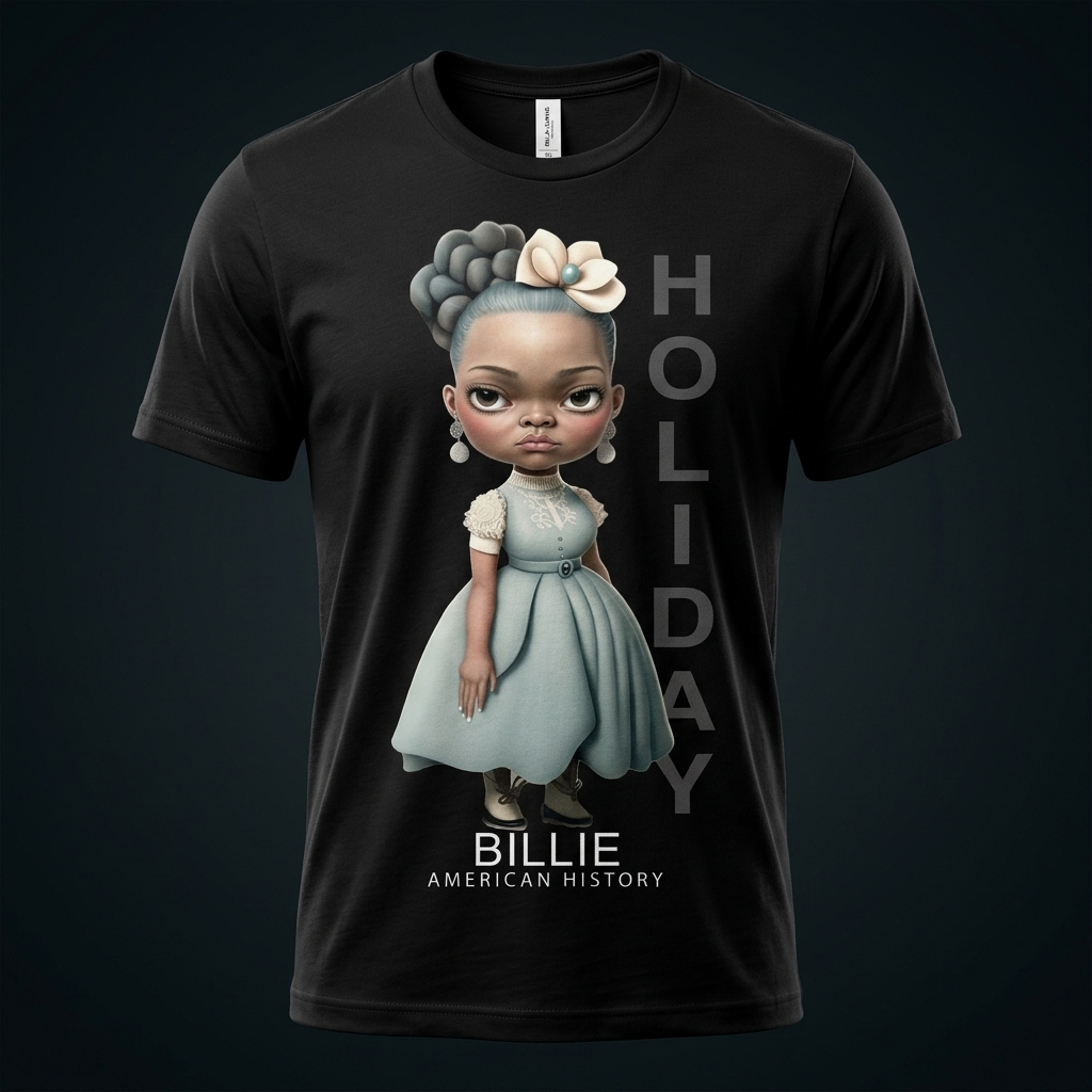 Billie Holiday Black History Graphic Tee mockup on black shirt