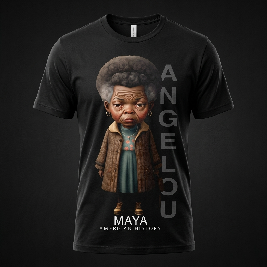 Maya Angelou Black History Graphic Tee mockup on black shirt