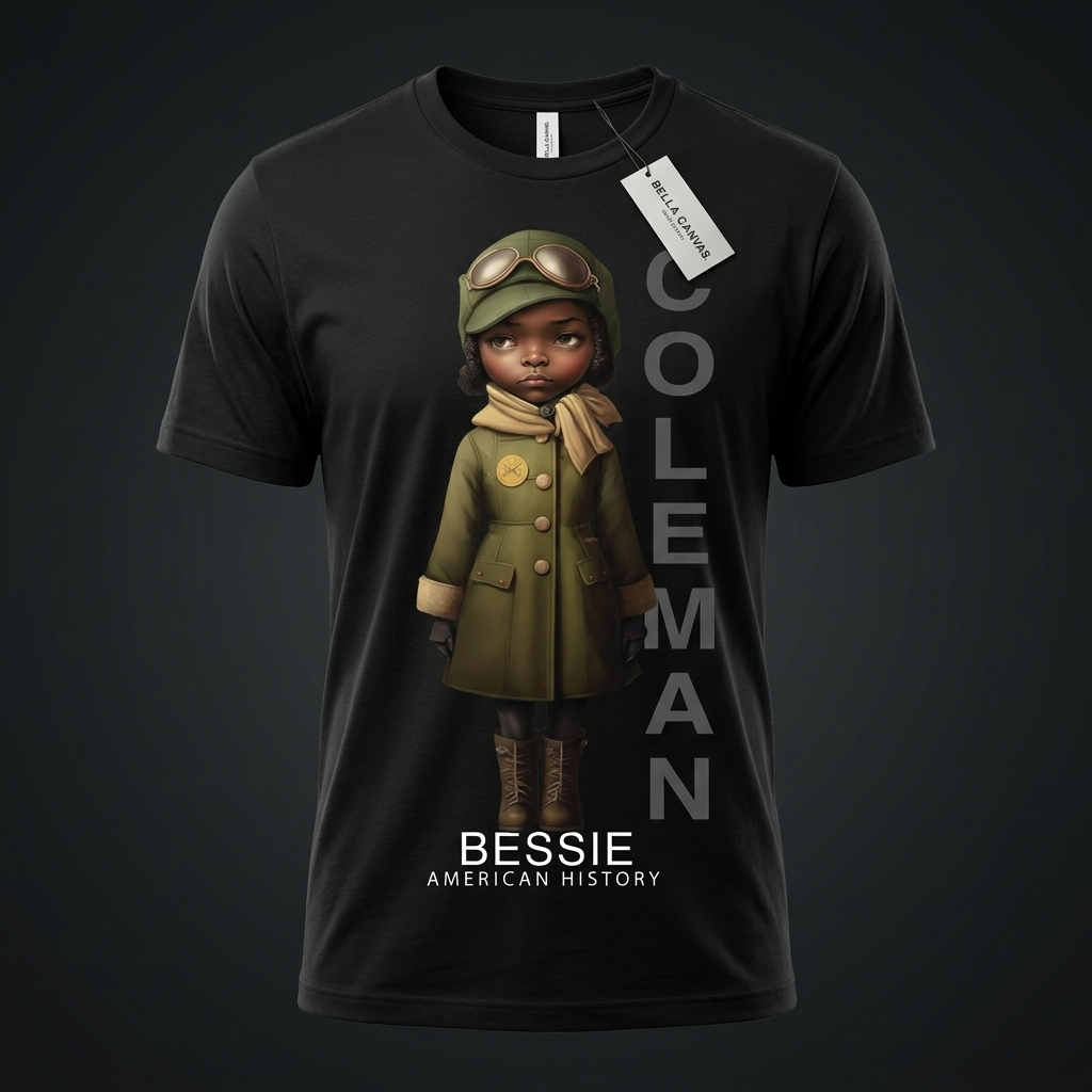 Bessie Coleman Black History Graphic Tee mockup on black shirt